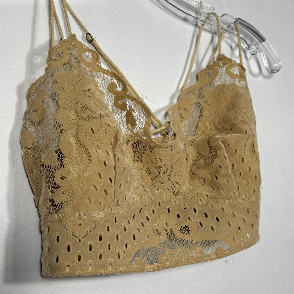 FP One Flocked Velvet Adella Bralette Lace Gold Taupe Size XS Feminine Coquette - Picture 4 of 10